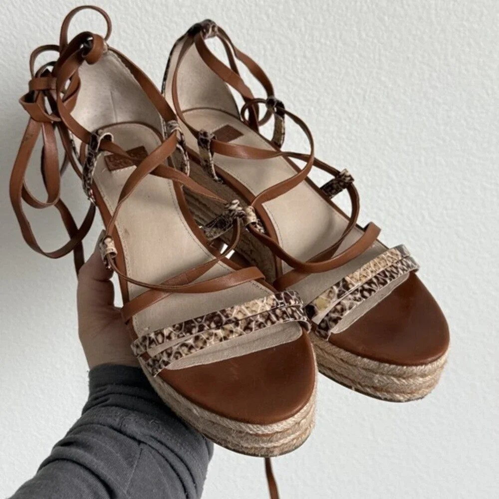 Louise et Cie Espadrille Wedge Sandals Brown Snake Print Lace Up Boho Strappy